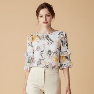 Floral Ruffle Sleeve Women's Top - White